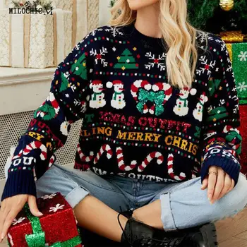 Зимний свитер с блестками, вязаный топ, Свитер Свободного кроя, Рождественская елка, Снеговик, длинный рукав, фестивальный стиль, повседневная одежда