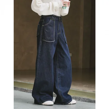 Новые модные Зимние Высококачественные Простые свободные джинсы с большим карманом в виде Коллажа, Четкие Повседневные брюки, женские джинсы с широкими штанинами, женские