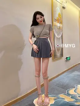 Новые корейские модные комплекты женские 2023 летние пикантные короткие топы с высокой талией, тонкая юбка в складку неправильной формы