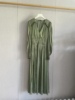 Женское Платье миди с длинным рукавом, плиссированная талия, Винтажный 2023 Новый халат