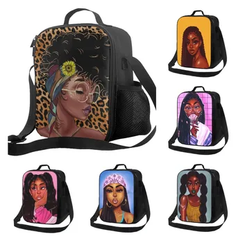 Афроамериканская черная сумка для ланча для девочек, изолированные сумки для ланча с леопардовым принтом в виде Подсолнуха для мальчиков и девочек, подростков, взрослых, Многоразовая сумка