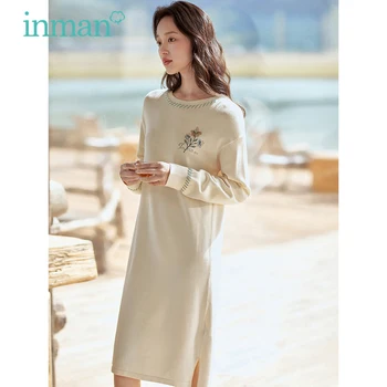 Женское трикотажное платье INMAN, осень 2023, Длинный рукав, круглый вырез, А-образная форма, Свободная цветочная вышивка, Повседневная юбка средней длины Абрикосового цвета