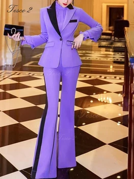Летний женский костюм Tesco 2, приталенный Уникальный дизайн, куртка с отворотом для официальной вечеринки, Костюм с длинными расклешенными брюками Для офисной леди, костюм