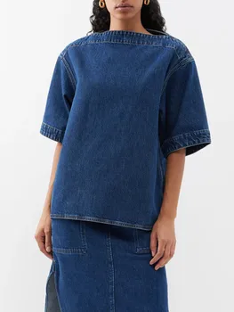 Женская винтажная джинсовая рубашка с вырезом лодочкой 2023, Новые летние топы силуэта с короткими рукавами, Женская Свободная хлопковая блузка
